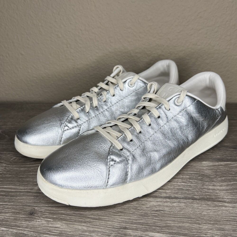 Cole Haan Grand Series Leather Sneakers Womens 9.5 B Silver Metallic Shoes
